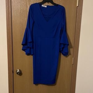 Elegant Blue Long-Sleeve Ruffle-Sleeve Dress